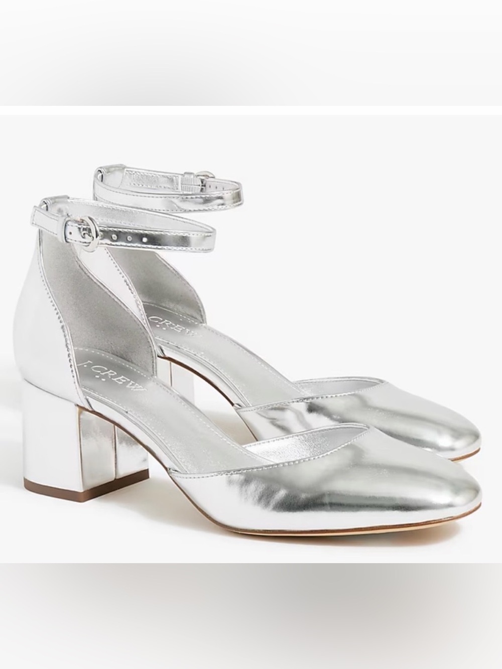J. Crew Metallic Silver Ankle-Strap Block Heel